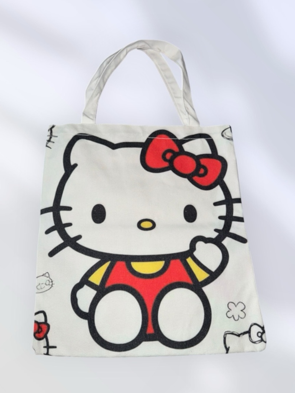 Hello Kitty White Canvas Tote with Red Bow and Yellow Accents New